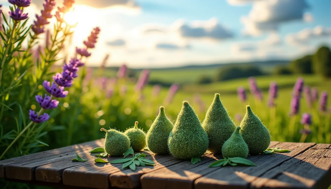 Fleurs de CBD bio françaises et suisses récoltées, posées sur une table en bois avec lavande et paysage de campagne